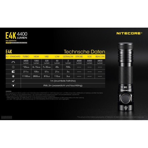 NITECORE LED-TASCHENLAMPE E4K - 4'400 Lumen, inkl. Akku