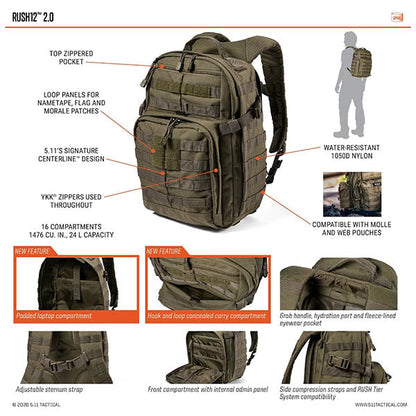 Sac à dos tactique, RUSH 12 2.0, 24 litres, multicam