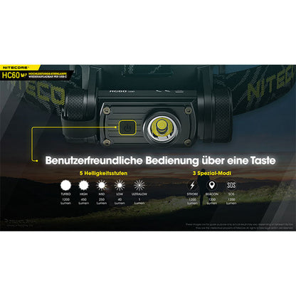 NITECORE LED TORCH HC60 V2, 1 200 lumens (avec batterie et câble de chargement USB-C)