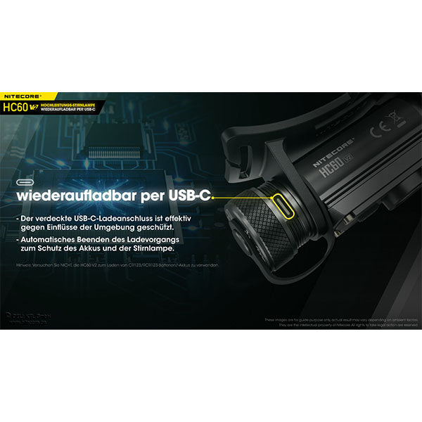 NITECORE LED TORCH HC60 V2, 1 200 lumens (avec batterie et câble de chargement USB-C)