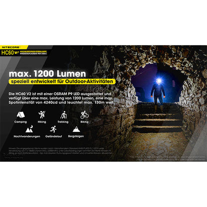 NITECORE LED TORCH HC60 V2, 1 200 lumens (avec batterie et câble de chargement USB-C)