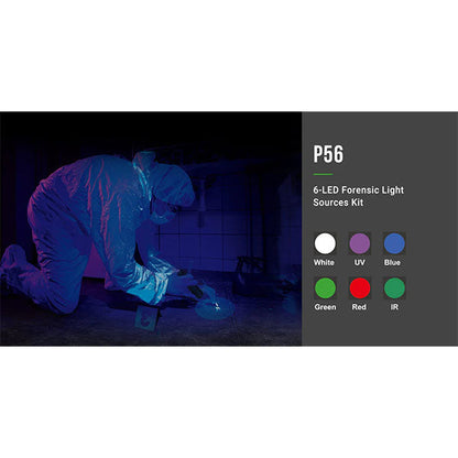 Forensik-LED-Taschenlampe P56, 300 Lumen + UV, IR, blau, grün, rot (inkl. Akku)