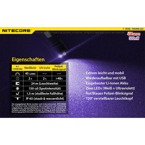 NITECORE LED TORCH THUMB UV - 45 lumens (batterie incluse avec port micro USB)