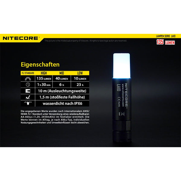 LAMPE DE POCHE LED NITECORE LA10 - 135 lumens (sans batterie)